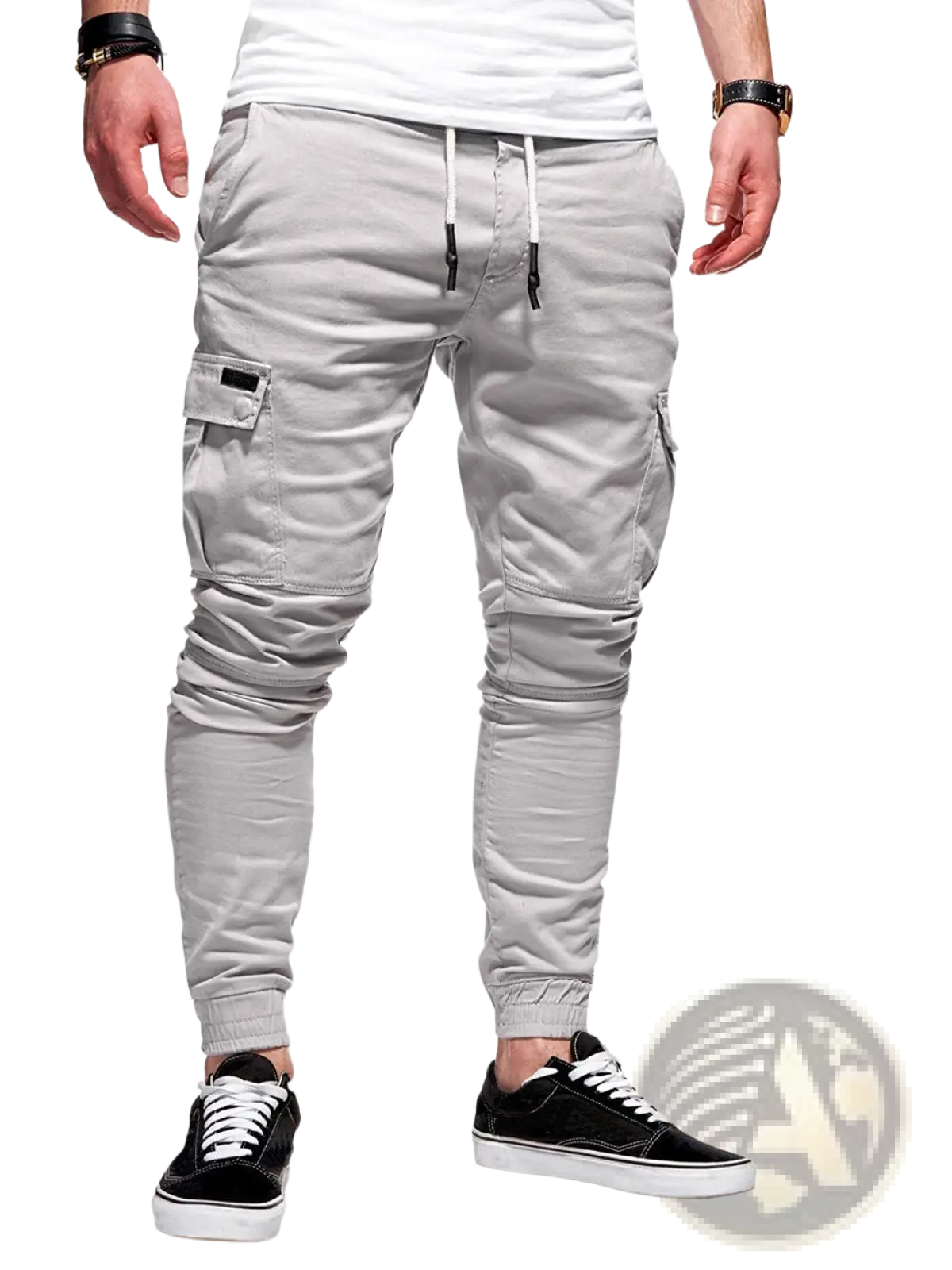 Men’s gray cargo joggers with multi pockets white drawstrings and black fabric patches on pocket fronts