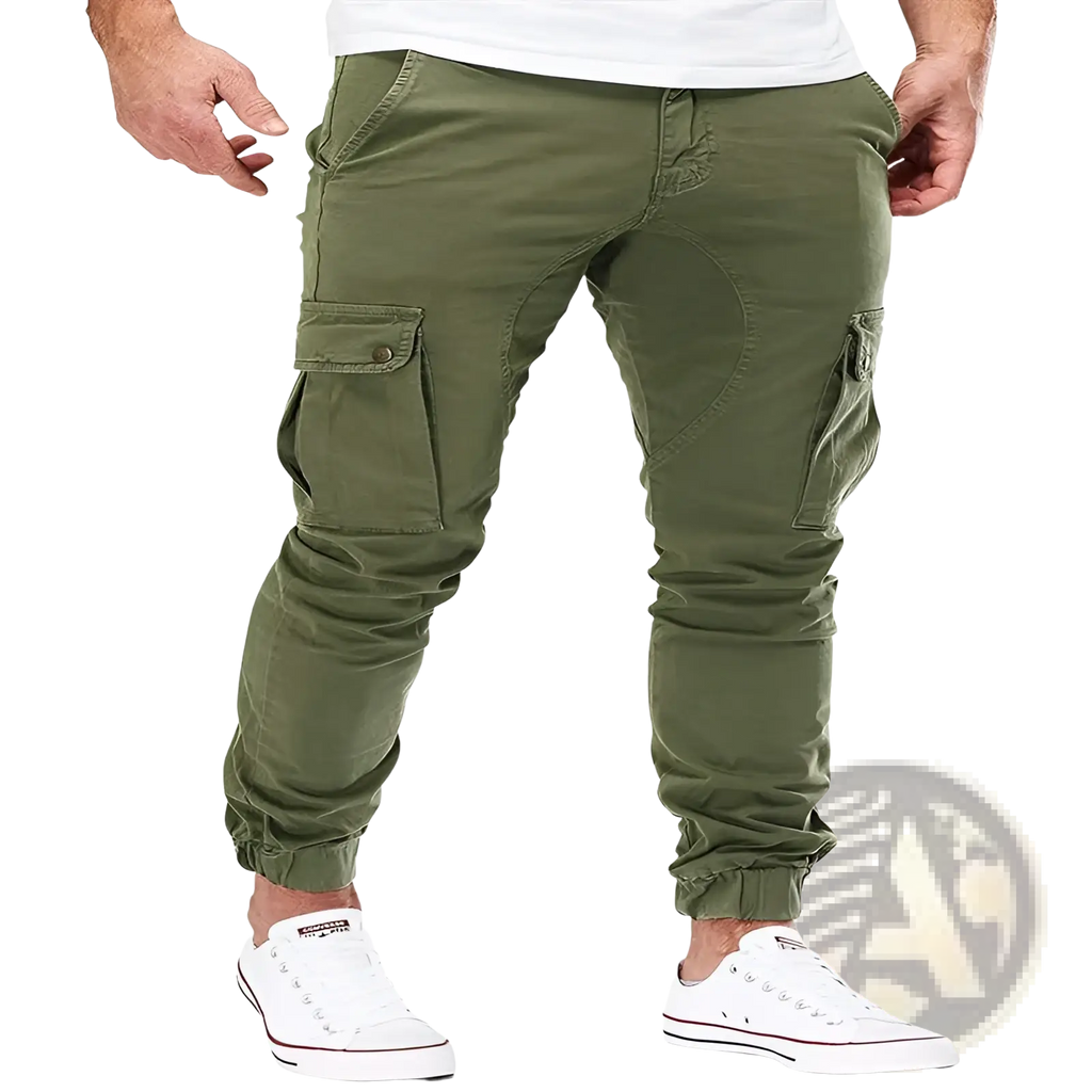 Men’s olive green cargo joggers with multiple pockets and elastic cuffs designed for comfort and durability