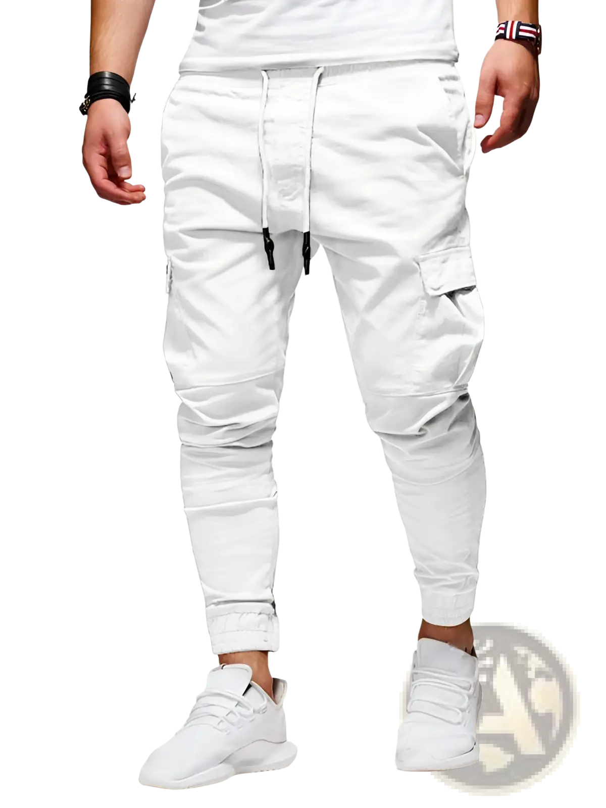 Men’s white multi-pocket cargo joggers with black drawstring elastic cuffs designed for casual comfort