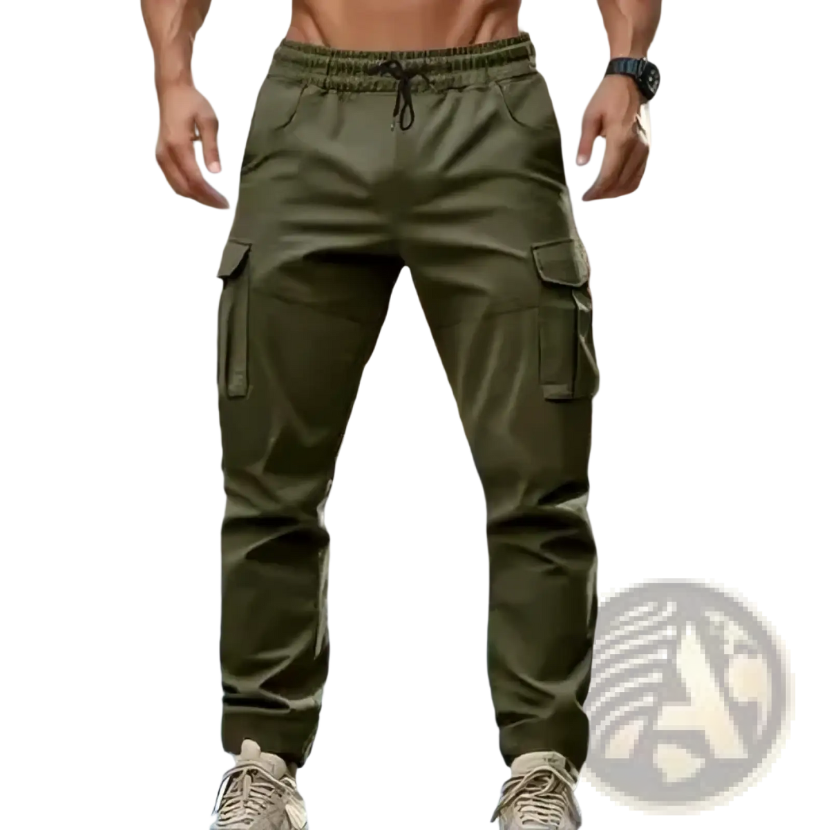 Men’s olive green cargo pants with multiple pockets and elastic waistband casual joggers for versatile wear