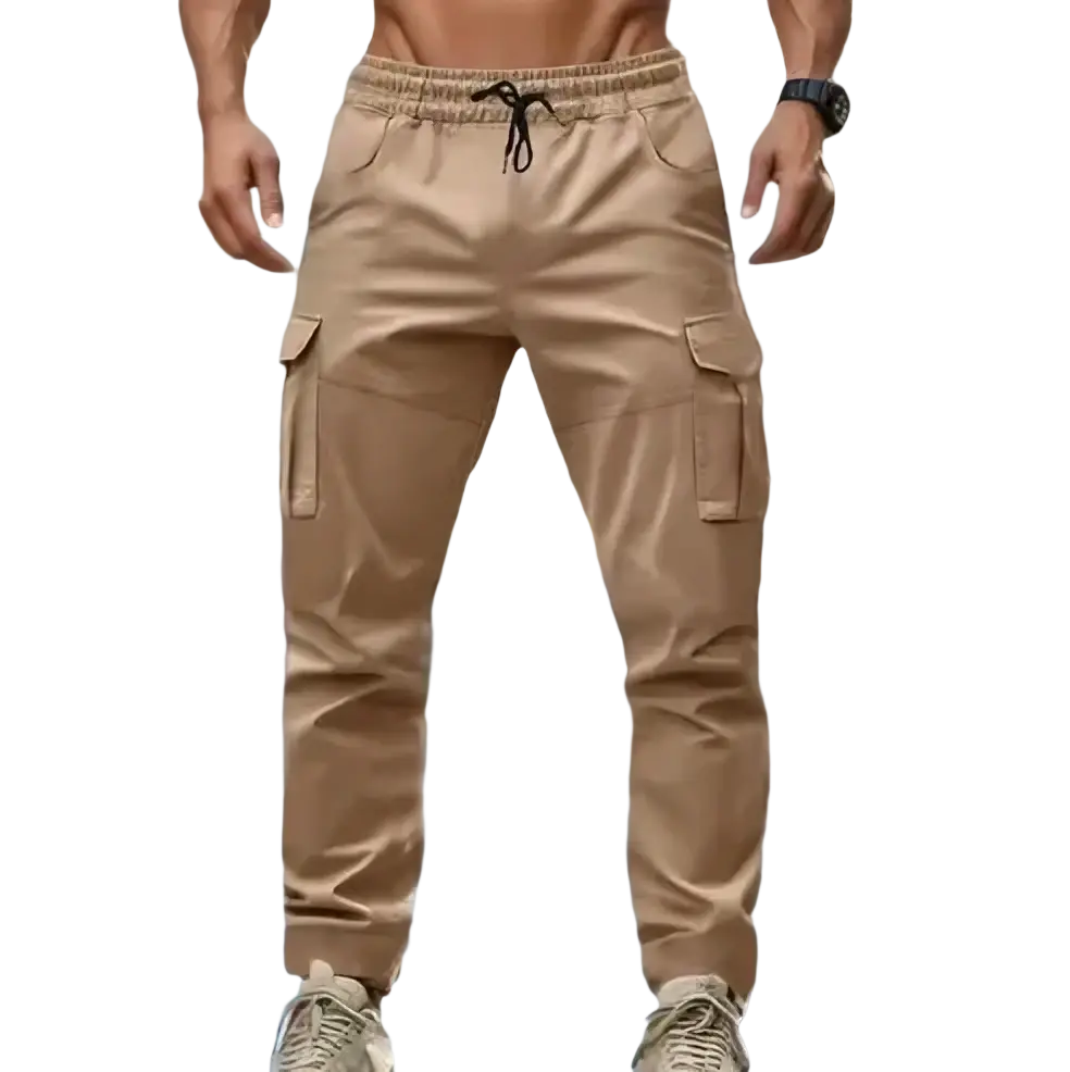 Beige men’s multi pocket cargo pants with multiple side pockets and a drawstring waistband for casual wear