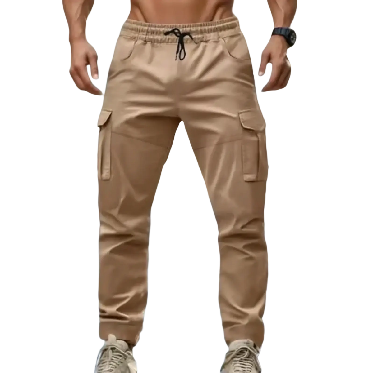 Beige men’s multi pocket cargo pants with drawstring waistband and multiple pockets for casual use