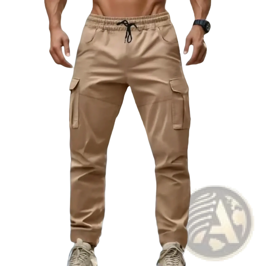 Beige men’s multi pocket cargo pants with drawstring waistband and multiple pockets for casual use