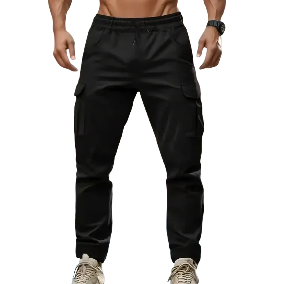 Black men’s multi pocket cargo pants with drawstring waistband designed as casual joggers for everyday wear