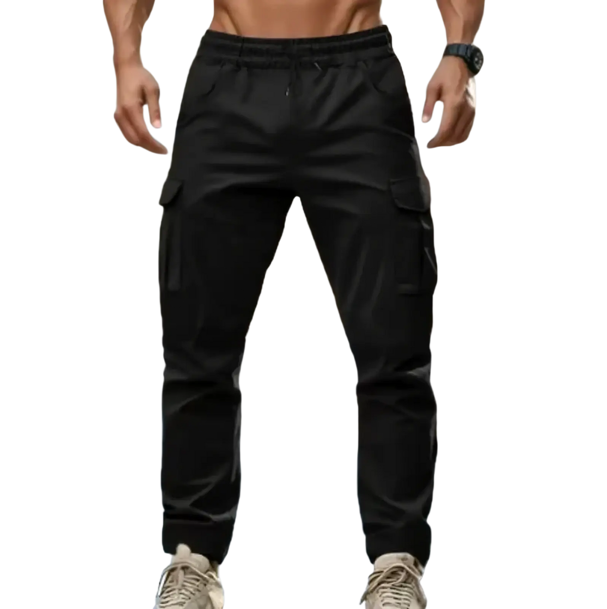 Men’s black cargo pants with multiple pockets and a drawstring waistband for casual jogger style