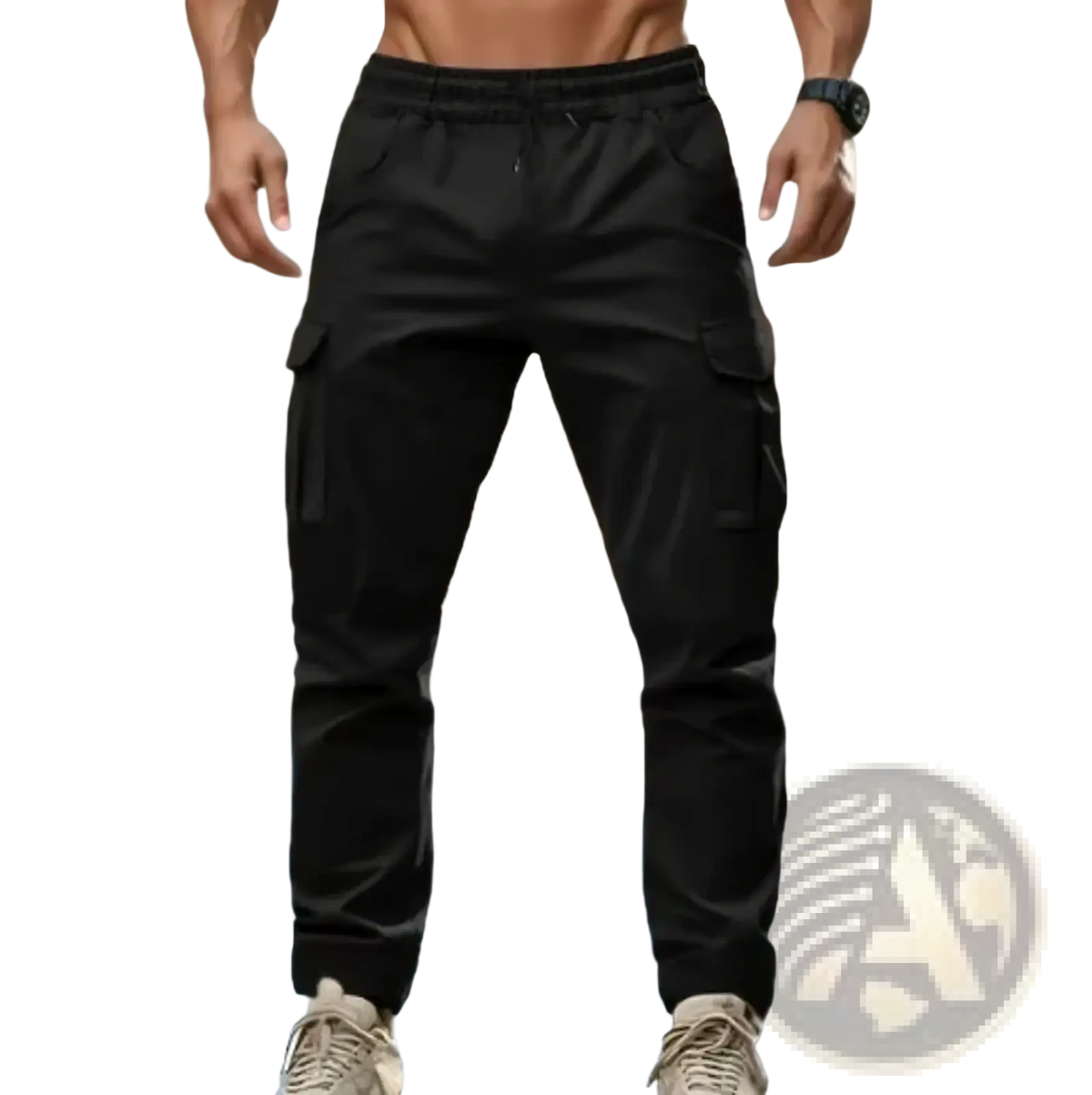 Men’s black cargo pants with multiple pockets and a drawstring waistband for casual jogger style