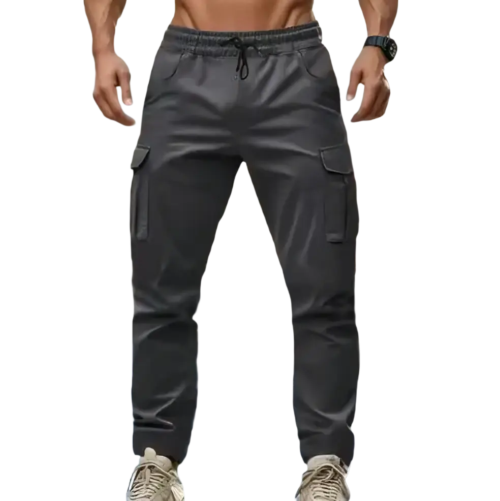 Men’s dark gray cargo pants with multiple pockets and a drawstring waistband for casual jogger style