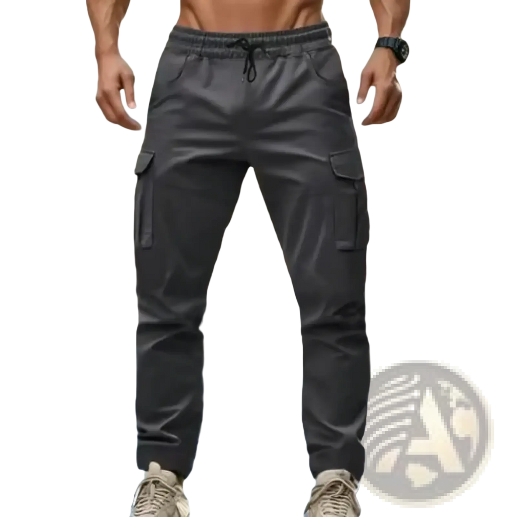 Men’s dark gray multi pocket cargo pants with elastic waistband designed as casual joggers