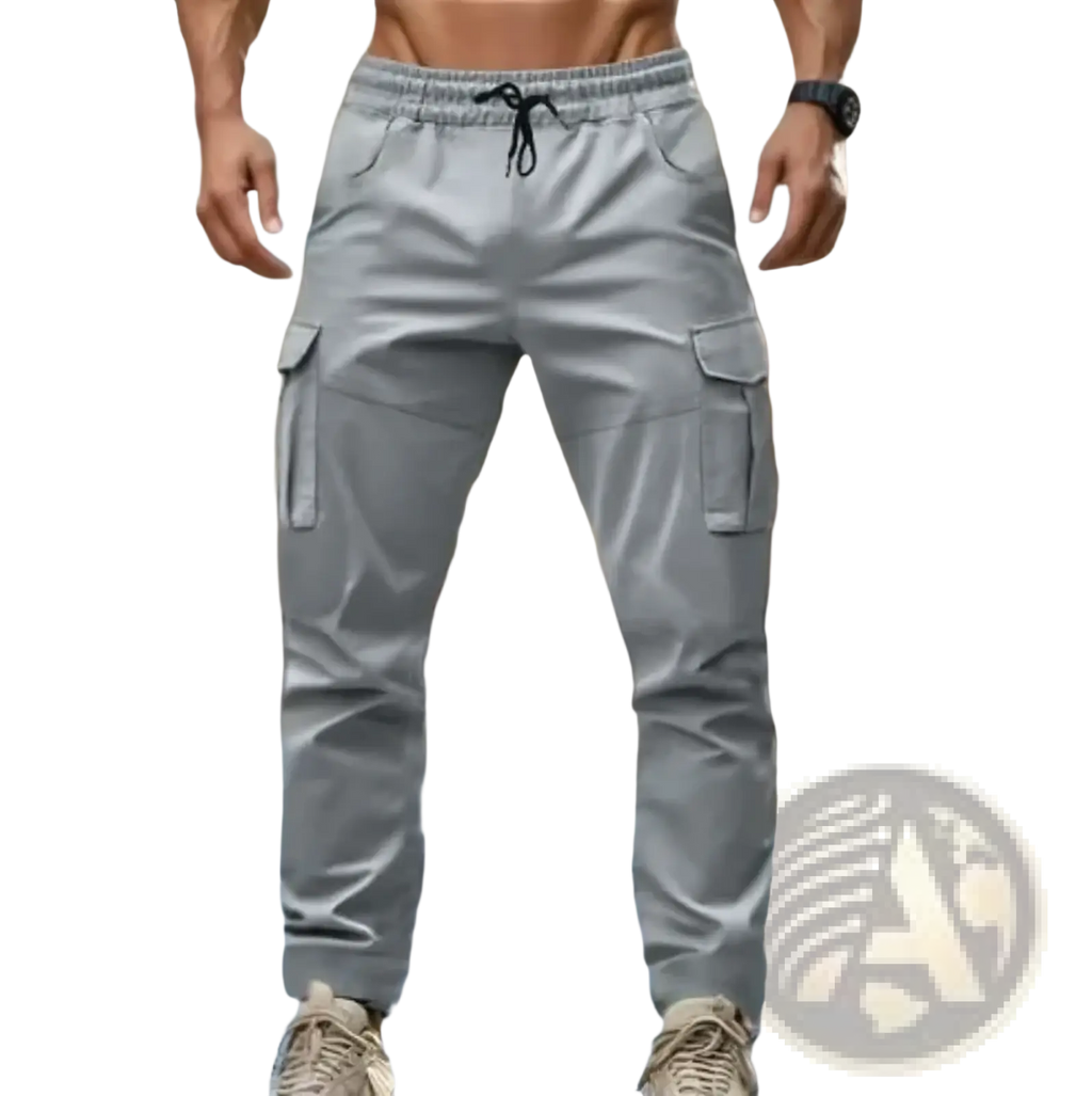 Men’s gray cargo pants with drawstring waist and multiple side pockets for casual wear and comfort