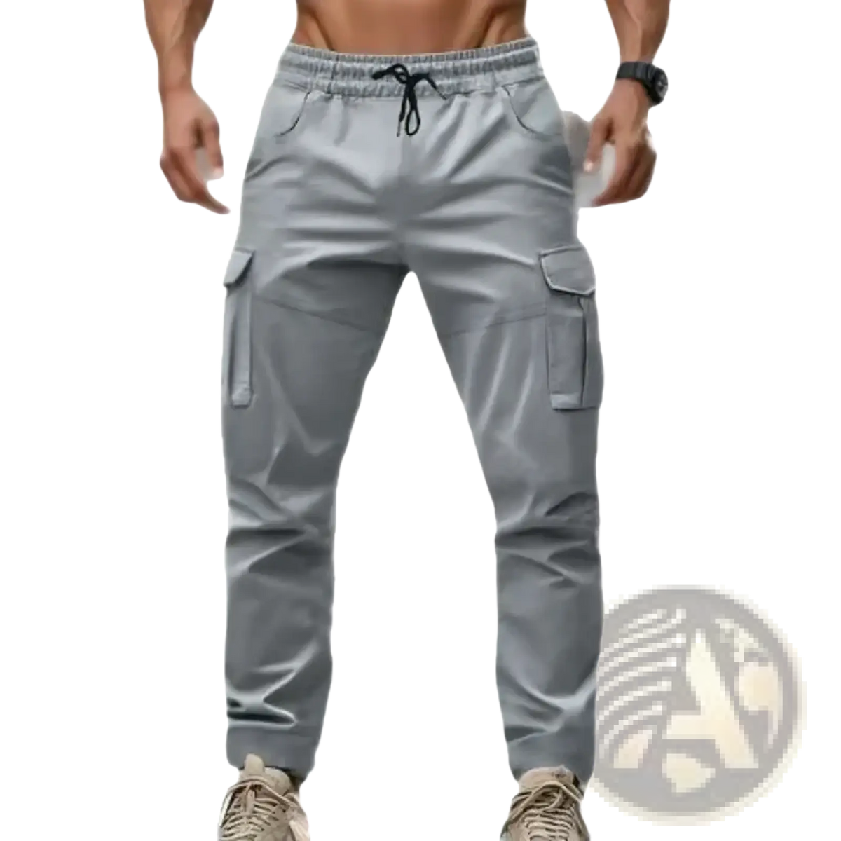 Men’s gray cargo pants with drawstring waistband and multiple pockets designed for casual wear and comfort