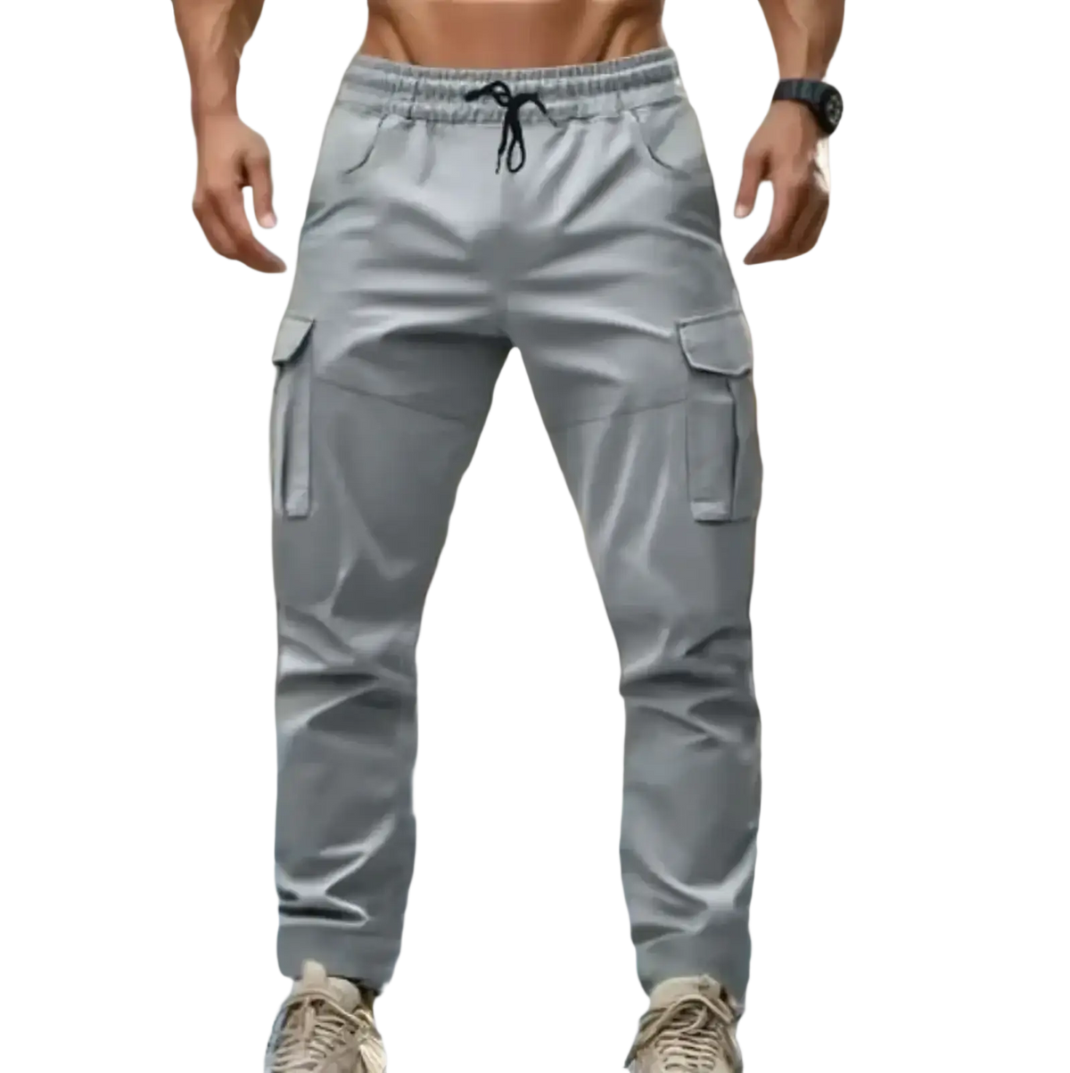 Light gray men’s multi pocket cargo pants with drawstring waistband and multiple pockets for casual use