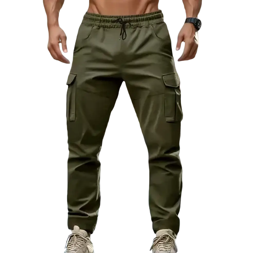 Men’s olive green cargo pants with multiple pockets and elastic waistband casual joggers for versatile wear