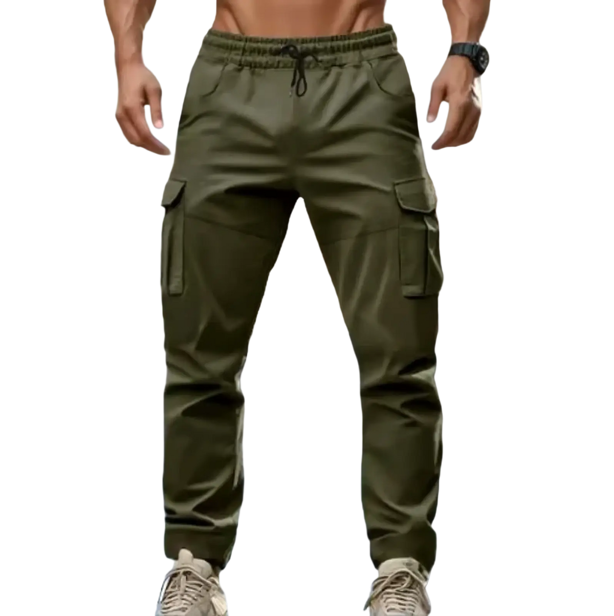 Men’s olive green cargo pants with multiple pockets and drawstring waistband casual joggers for everyday wear