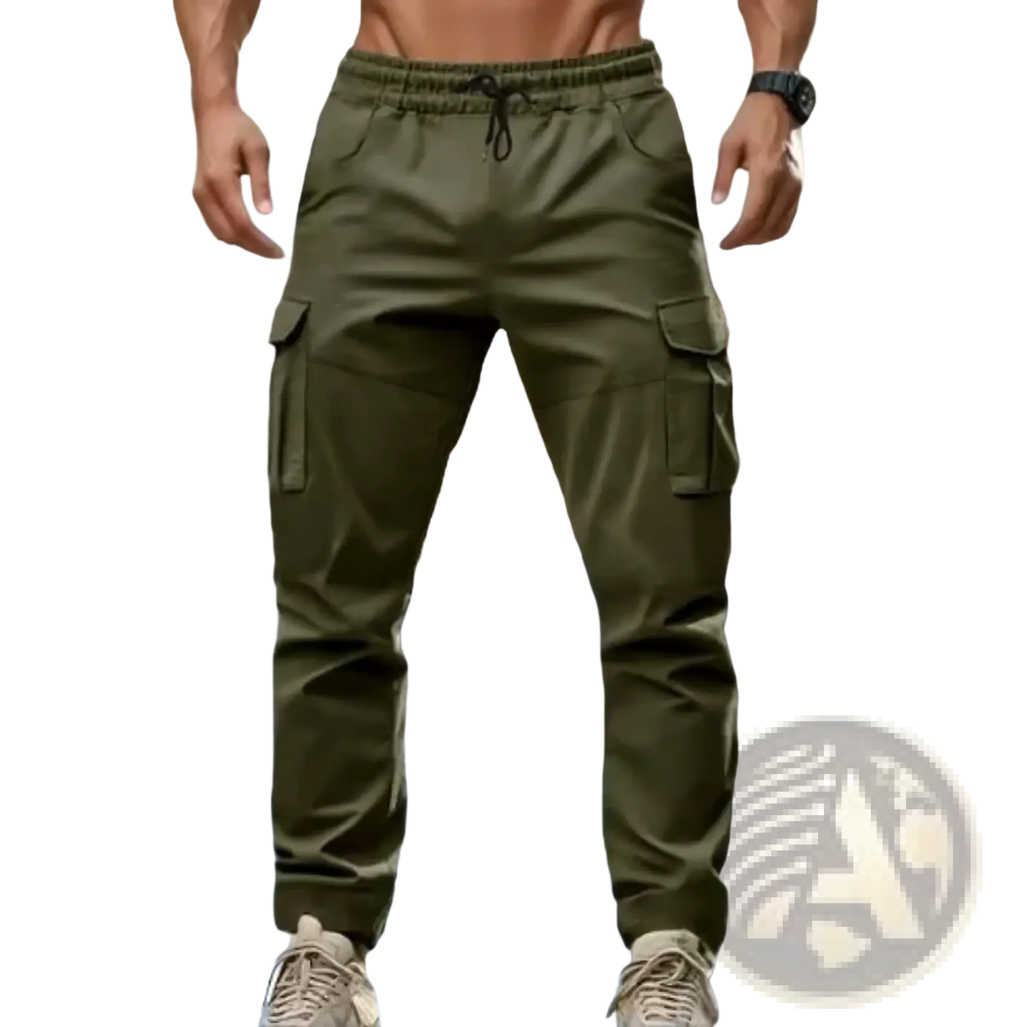 Men’s olive green cargo pants with multiple pockets and drawstring waistband casual joggers for everyday wear