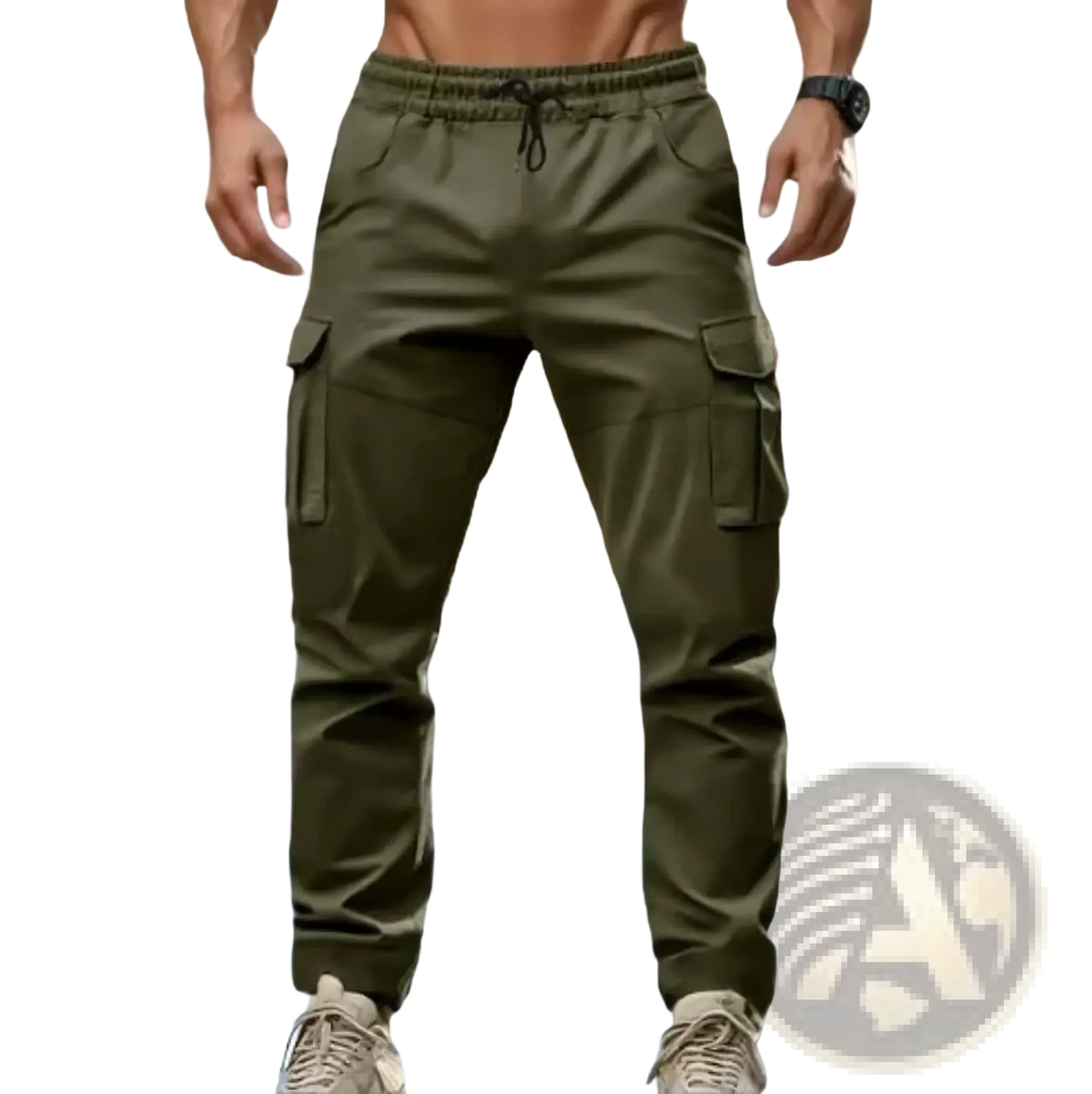 Men’s olive green cargo pants with multiple pockets and drawstring waistband casual joggers for everyday wear