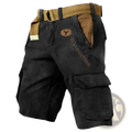 Men’s multi pocket cargo shorts in black with tan accents and a matching belt for versatile outdoor use