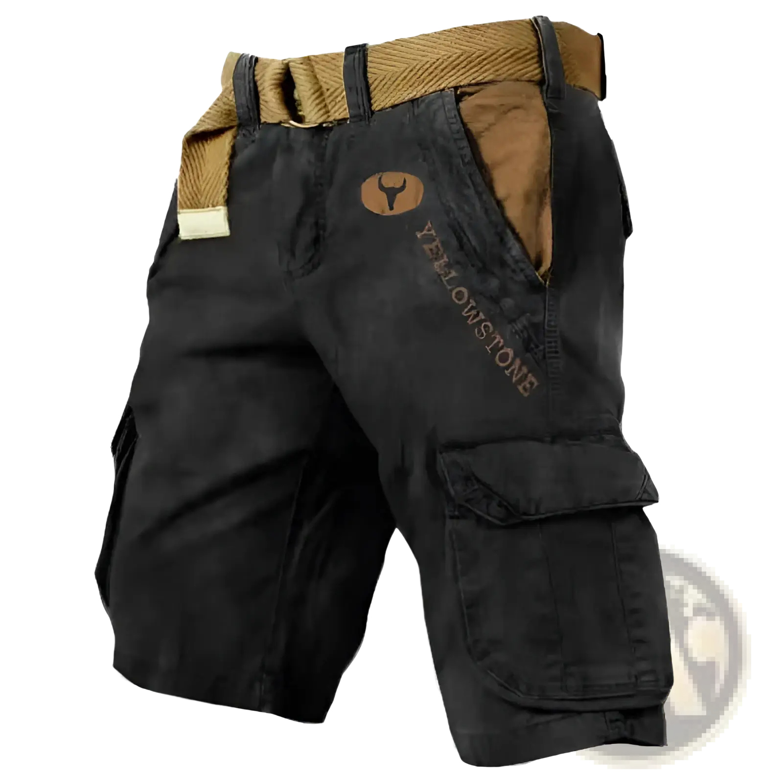 Men’s multi pocket cargo shorts in black with tan accents and a matching belt for versatile outdoor use