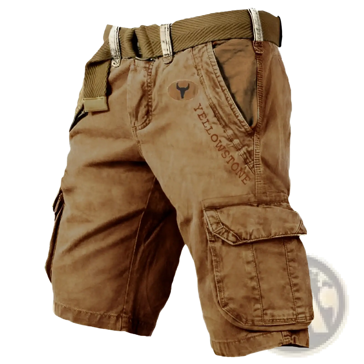 Men’s brown multi pocket cargo shorts with belt and yellowstone embroidery for functional outdoor use