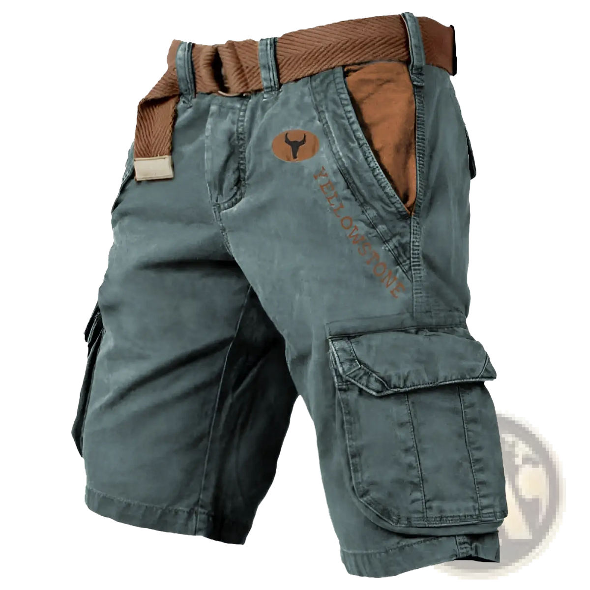 Men’s dark green multi pocket cargo shorts with brown accents and Yellowstone logo on thigh featuring belt