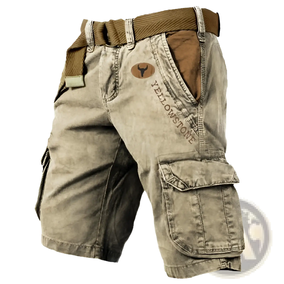Men’s beige cargo shorts with brown accents featuring multiple pockets and yellowstone logo patch with belt