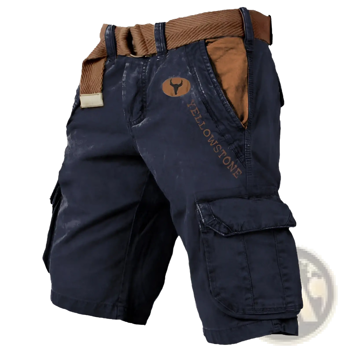 Men’s dark blue denim multi pocket cargo shorts with brown corduroy belt and Yellowstone logo patch on thigh