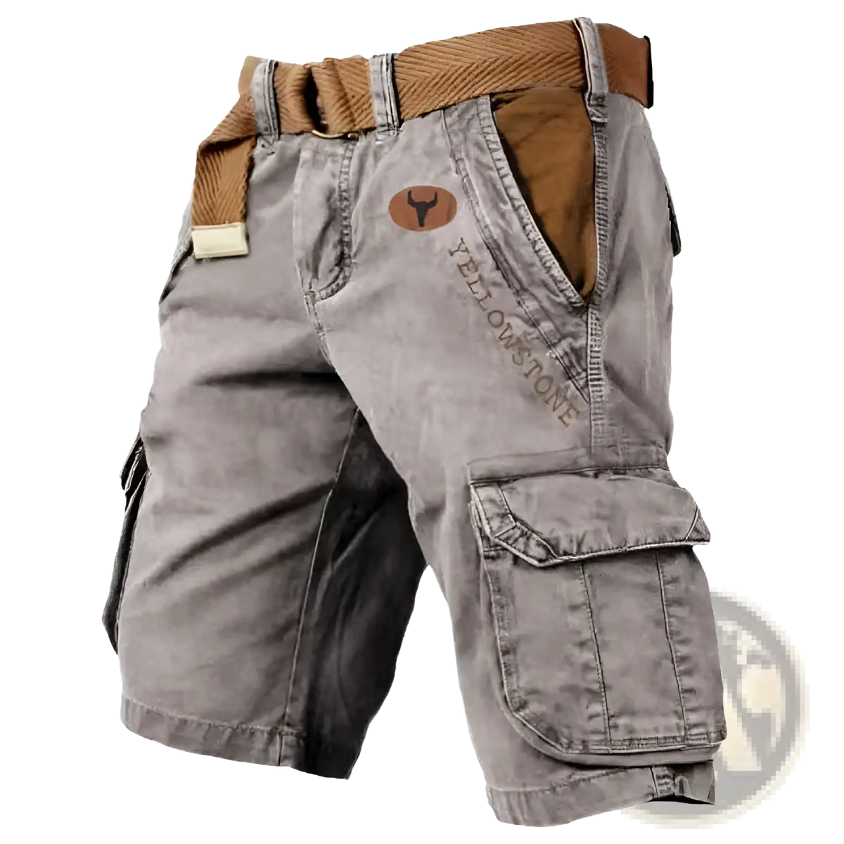 Men’s gray multi pocket cargo shorts with brown corduroy belt and Yellowstone logo patch on the thigh