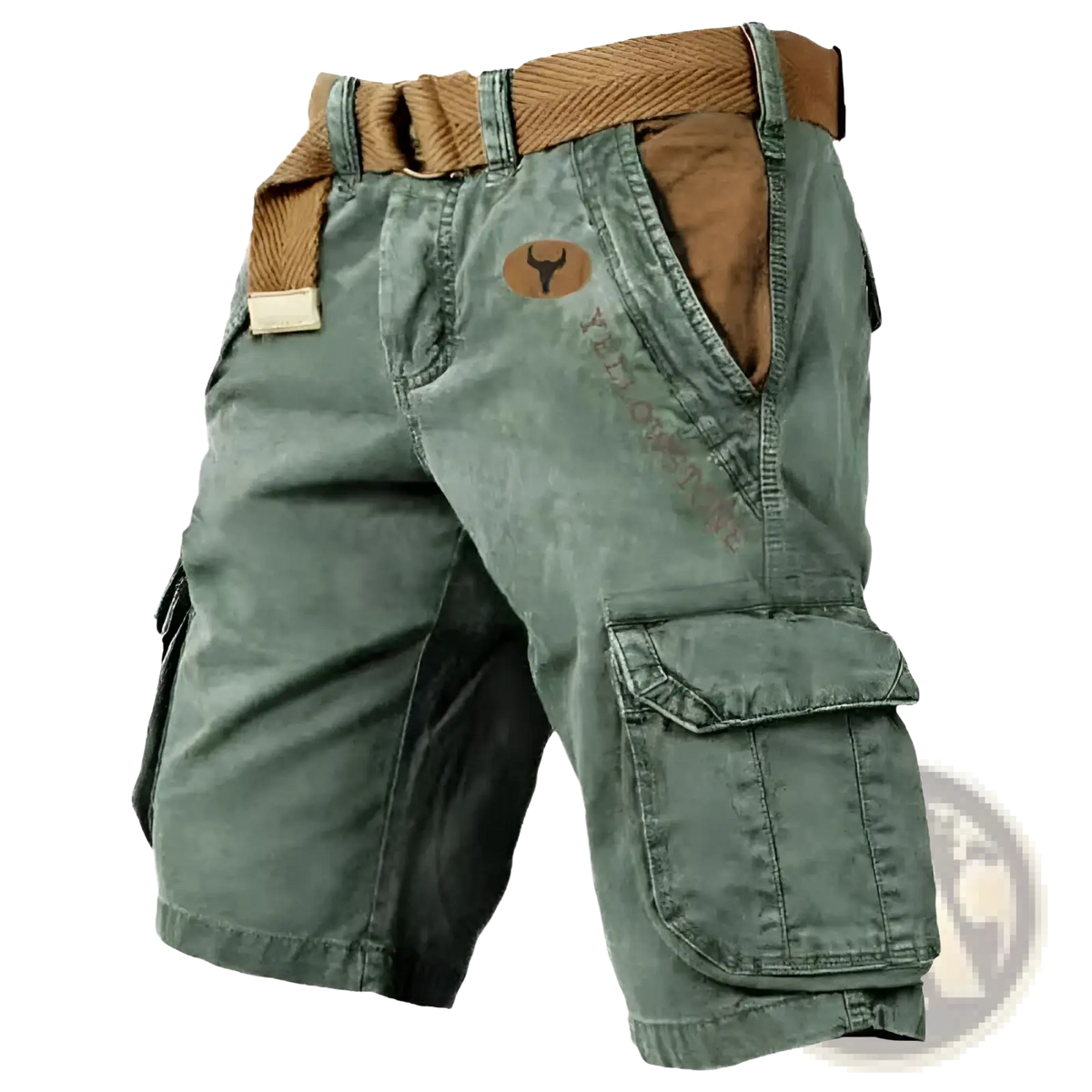 Men’s olive green multi pocket cargo shorts with brown fabric accents and matching belt for casual wear