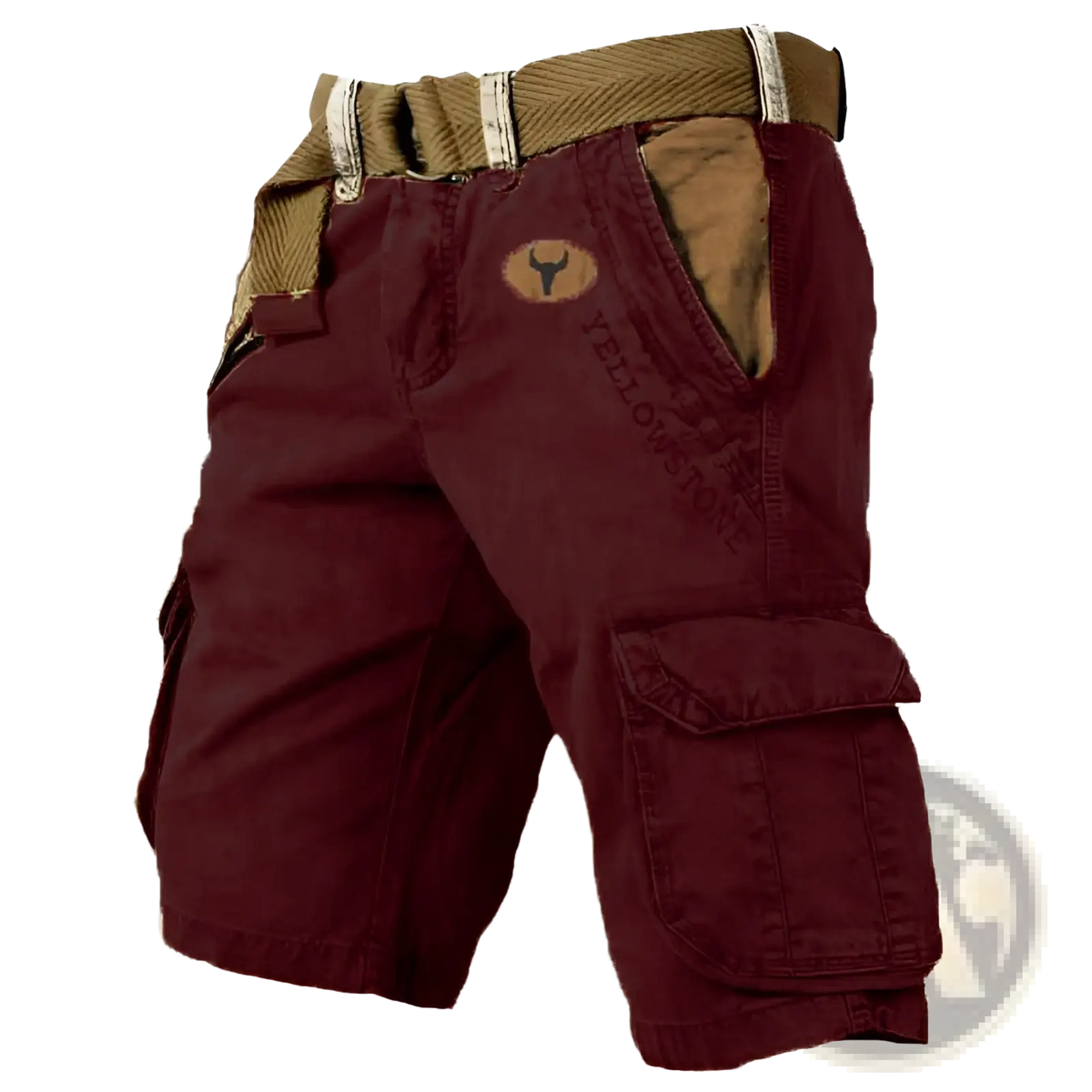 Men’s maroon multi pocket cargo shorts with tan accents and Yellowstone logo patch featuring a belt