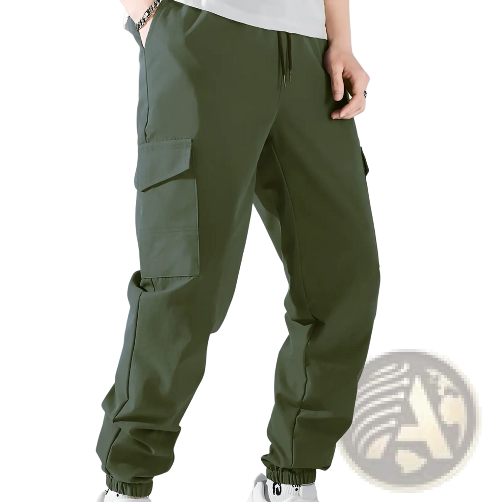 Mens olive green cargo work pants with multiple pockets and elastic cuffs designed for durability and utility
