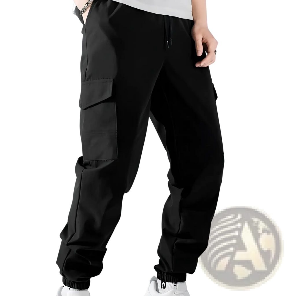 Mens multi pocket cargo work pants in black with multiple pockets and elastic cuffs for durability and comfort