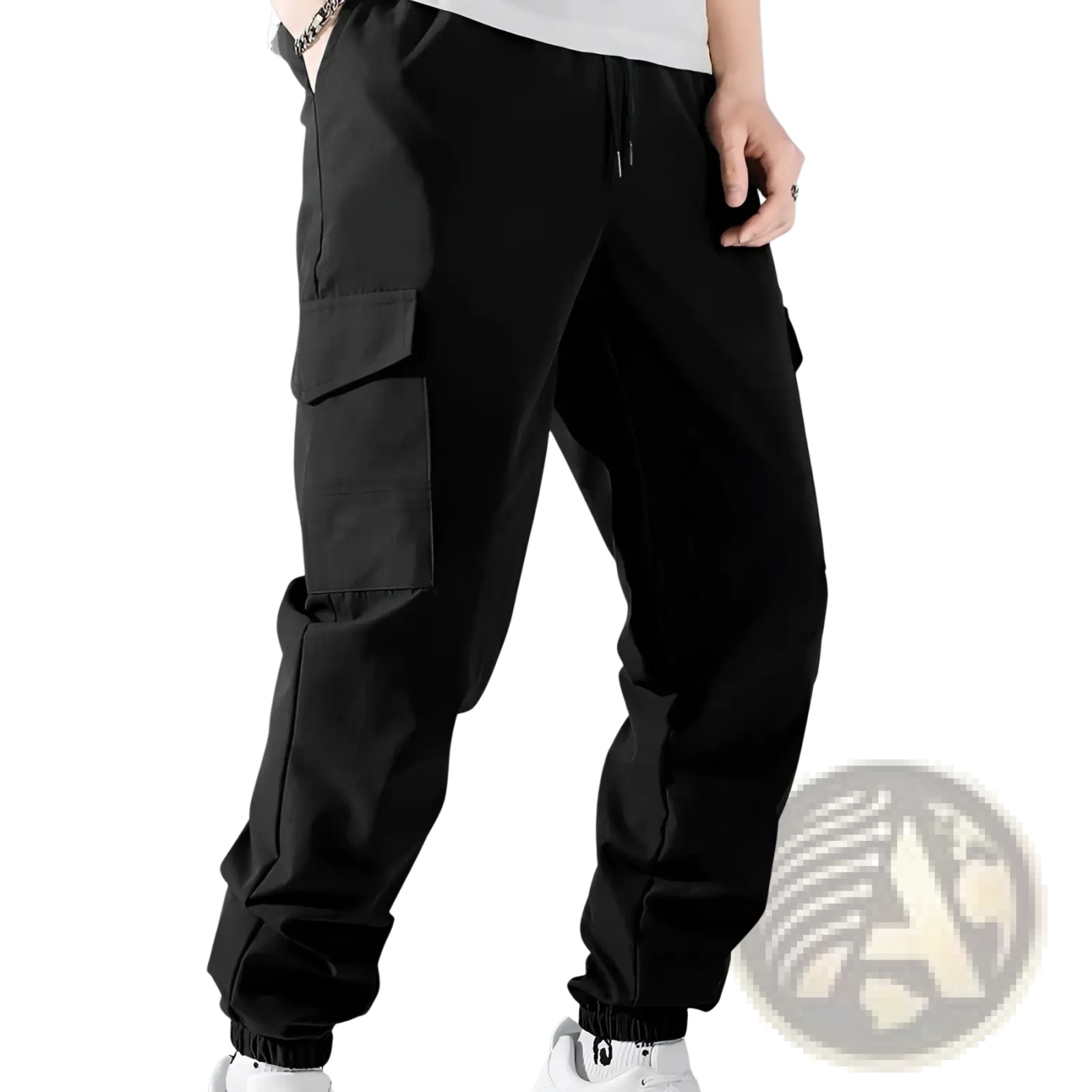 Mens multi pocket cargo work pants in black with multiple pockets and elastic cuffs for durability and comfort