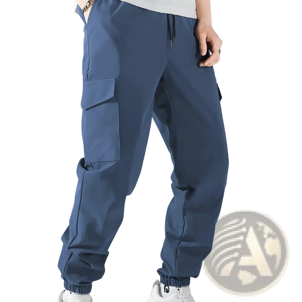 Mens multi pocket cargo work pants in blue with multiple pockets and elastic cuffs designed for durability and comfort