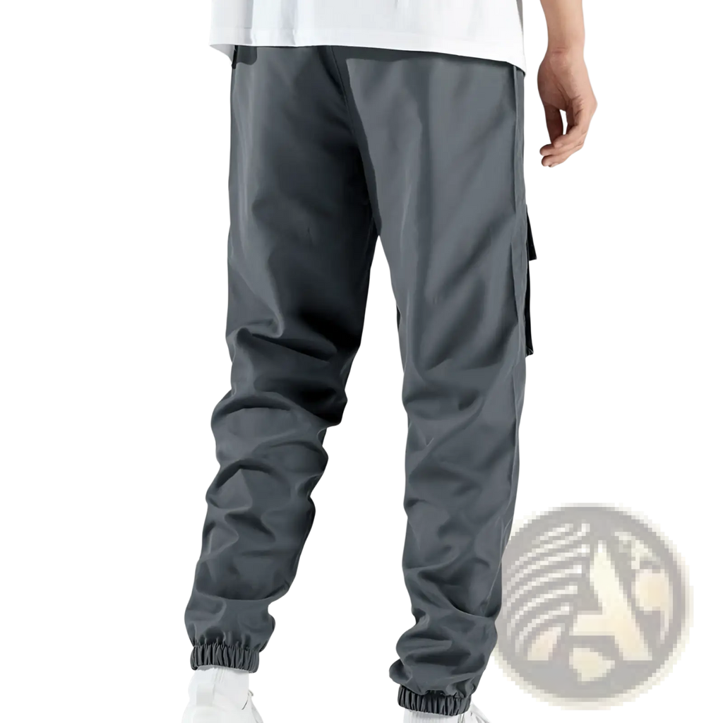 Mens multi pocket cargo work pants in dark gray with elastic cuffs and side pockets for practical use