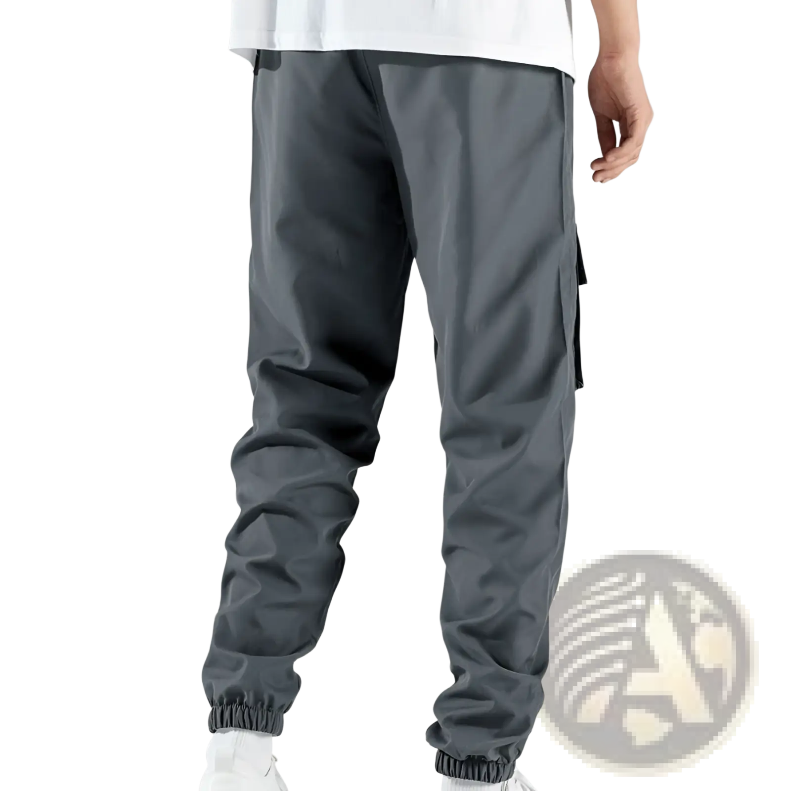 Mens multi pocket cargo work pants in dark gray with elastic cuffs and side pockets for practical use