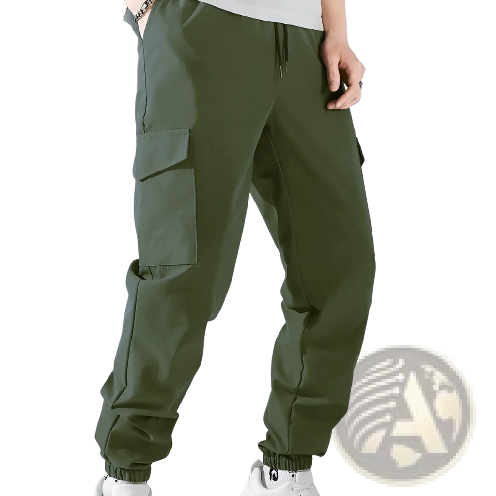 Mens multi pocket cargo work pants in olive green featuring multiple pockets and elastic cuffs for durability