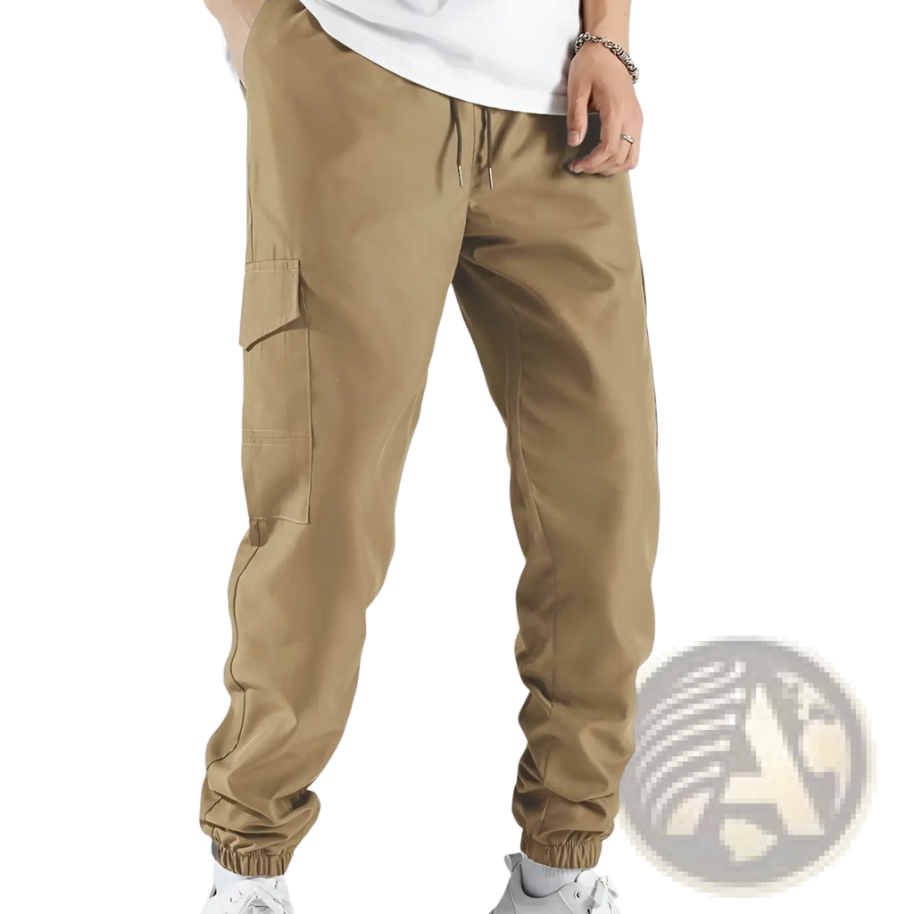 Tan mens multi pocket cargo work pants with elastic cuffs and side pockets designed for durability and utility
