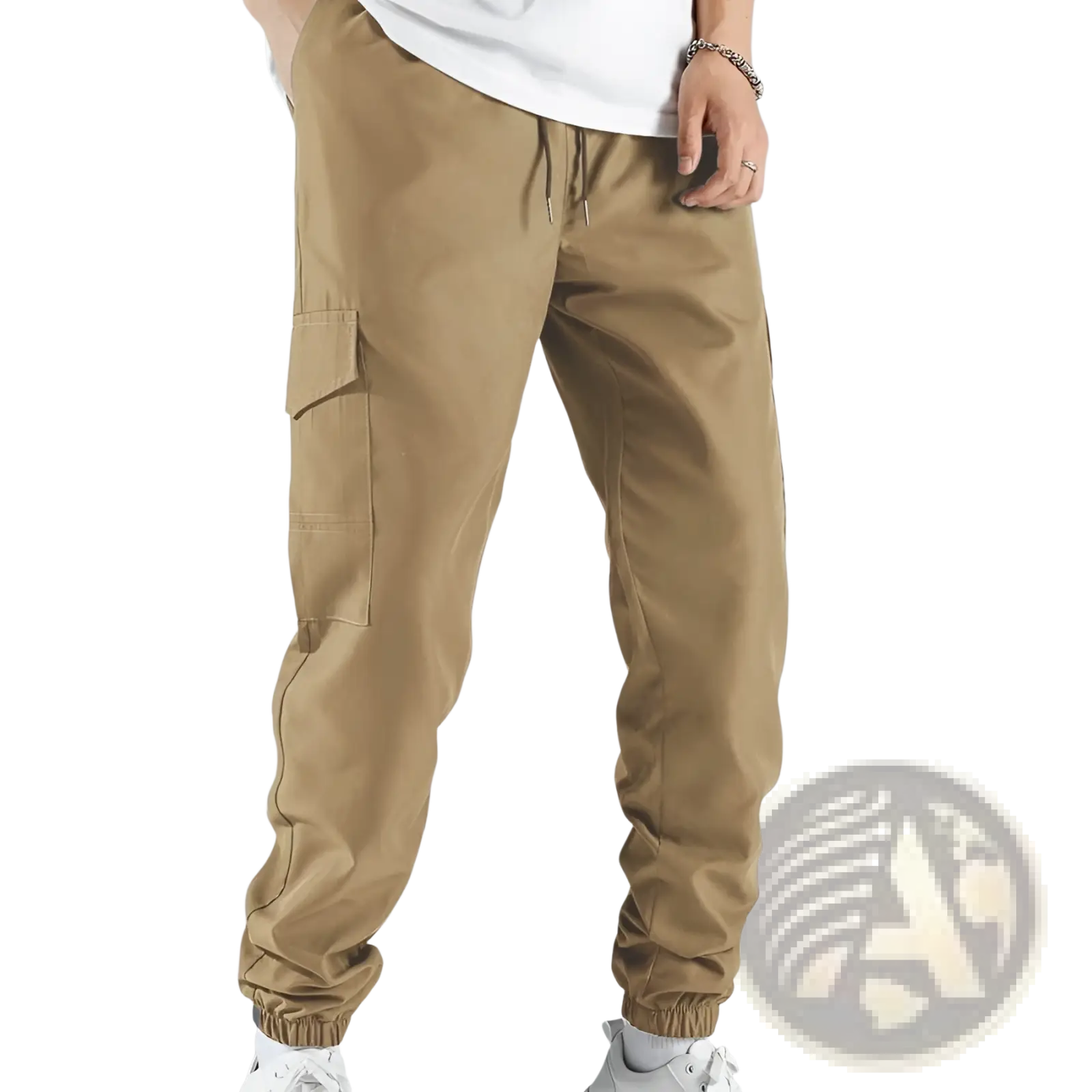 Tan mens multi pocket cargo work pants with elastic cuffs and side pockets designed for durability and utility