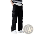 Mens black multi pocket cargo workwear pants featuring multiple pockets and a subtle logo on the thigh