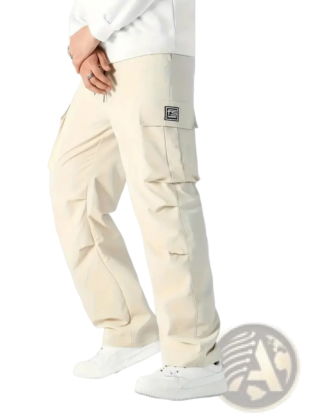 Beige mens cargo workwear pants with multiple pockets and a black rectangular logo patch on the thigh