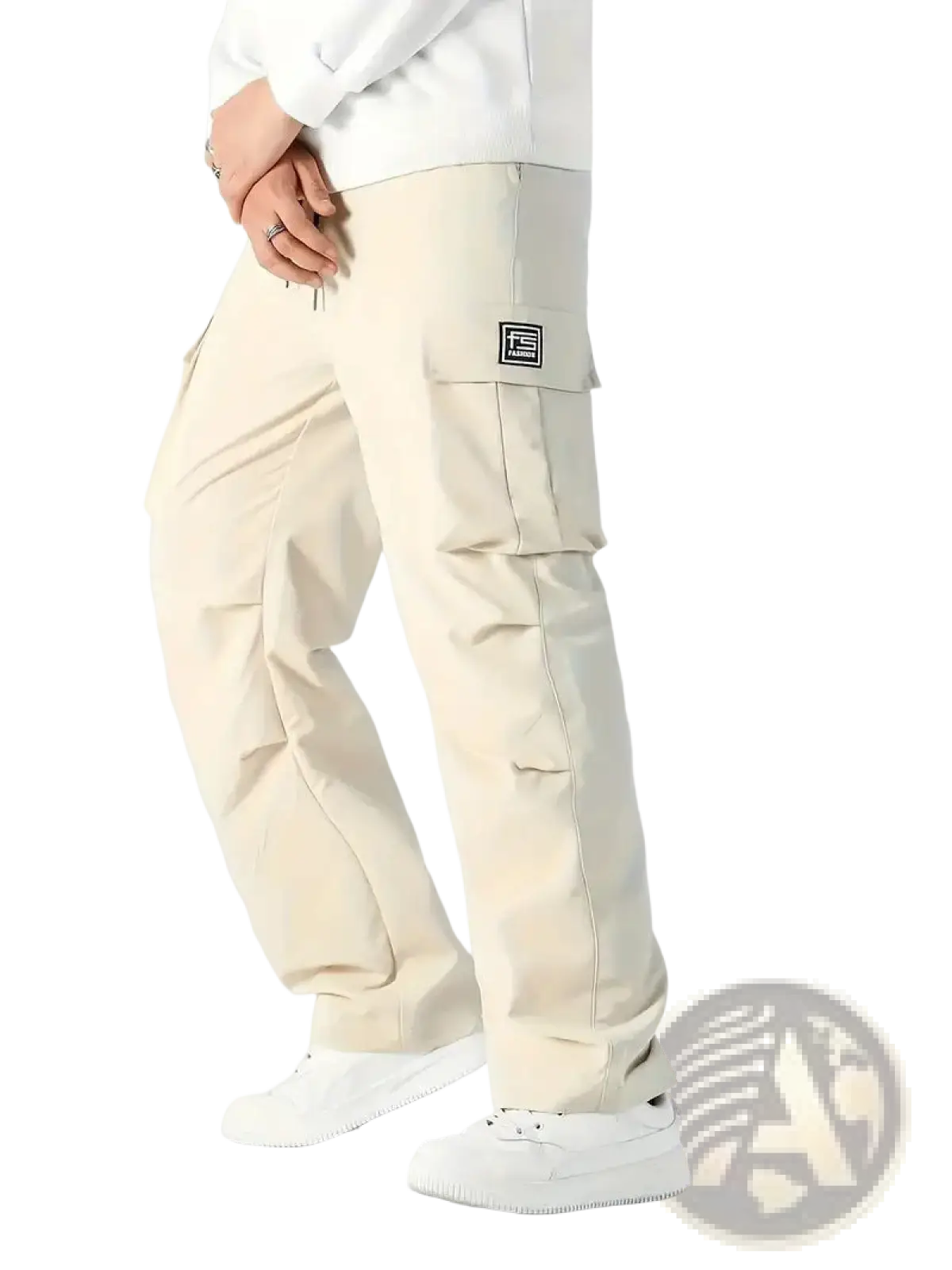 Beige mens cargo workwear pants with multiple pockets and a black rectangular logo patch on the thigh