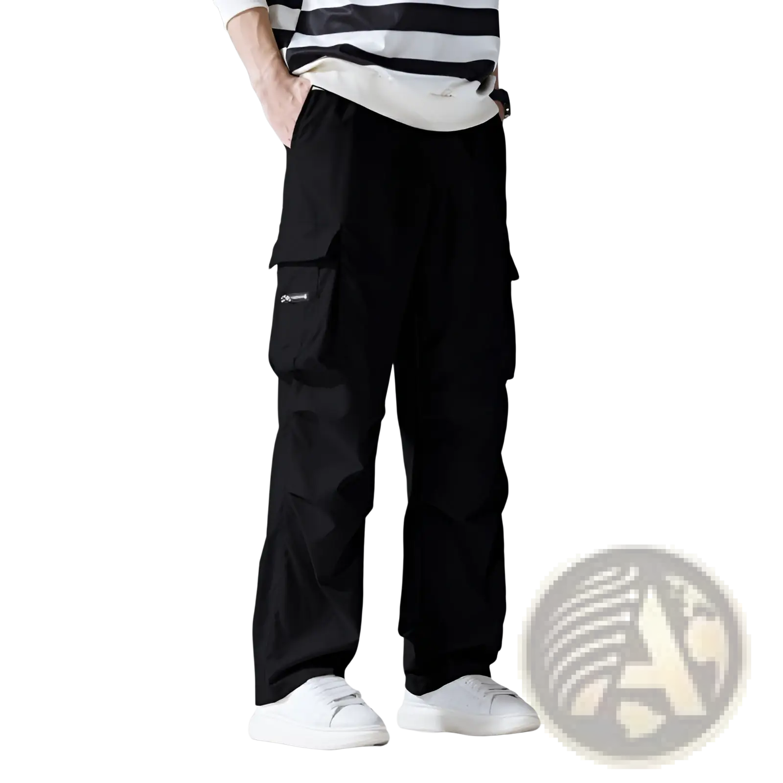 Mens black cargo workwear pants with multiple pockets and a subtle brand logo on the thigh
