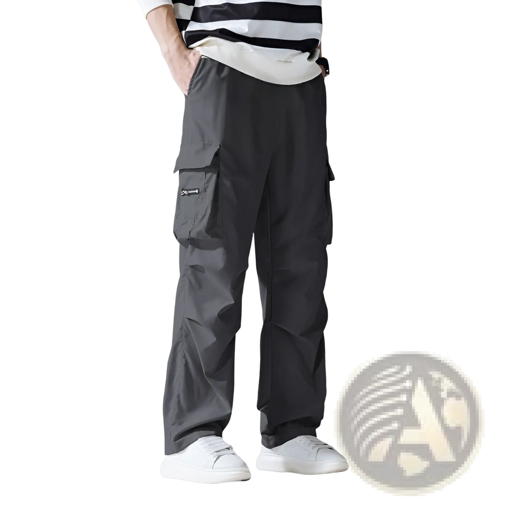 Dark gray mens multi pocket cargo workwear pants with multiple side pockets and a relaxed straight leg cut