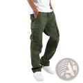 Men’s olive green cargo pants with multiple large pockets and a drawstring waistband for casual wear