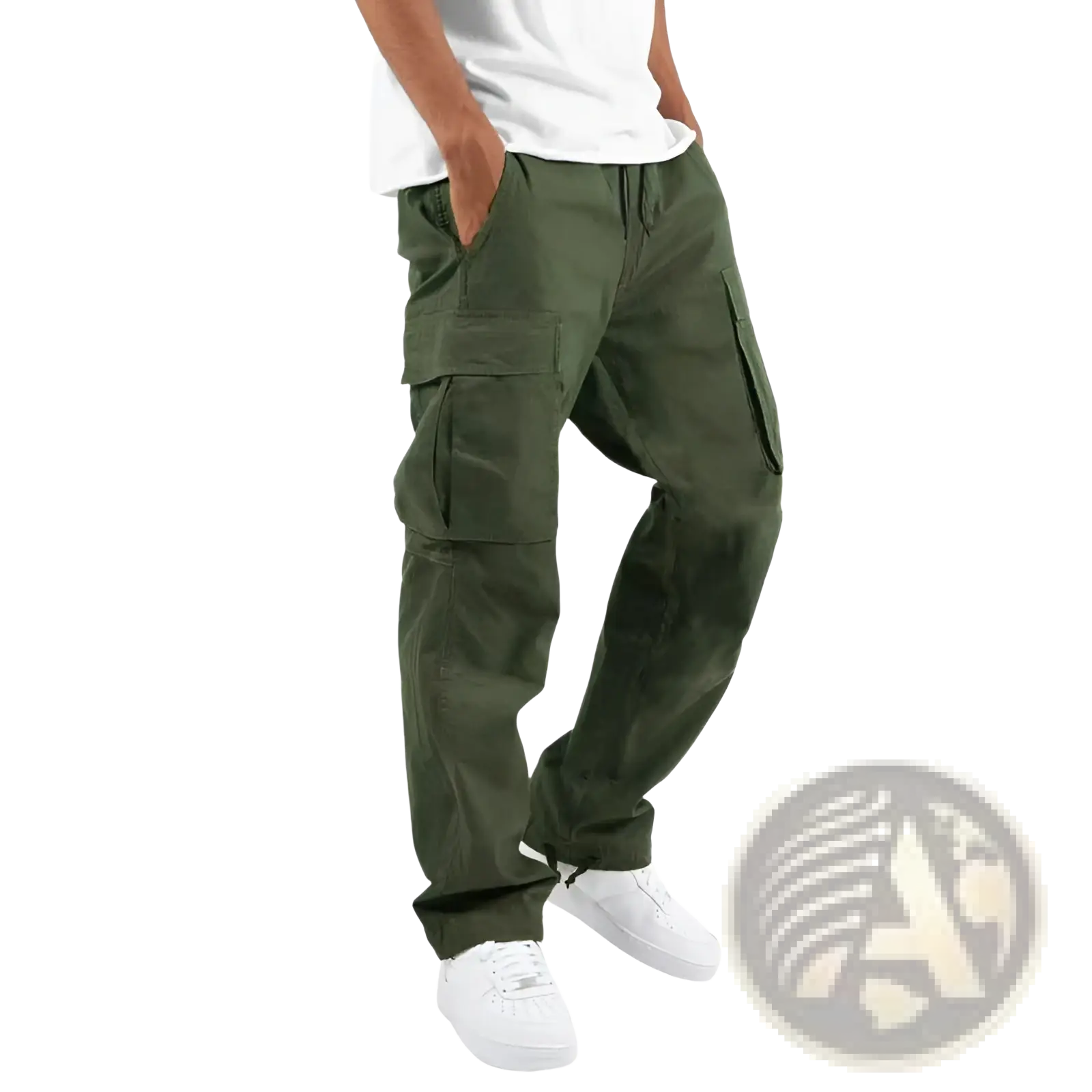 Men’s olive green cargo pants with multiple large pockets and a drawstring waistband for casual wear