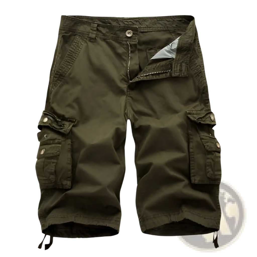 Men’s olive green cotton cargo shorts with multiple pockets and drawstring cuffs for adjustable fit