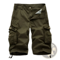 Men’s olive green cotton cargo shorts with multiple pockets and drawstring cuffs for adjustable fit