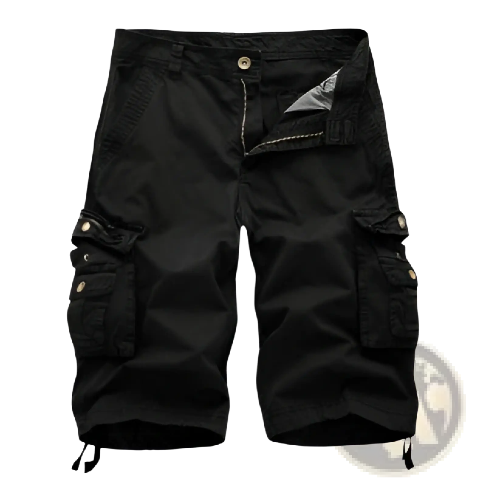 Men’s black cotton cargo shorts with multiple pockets and drawstring cuffs for adjustable fit and utility