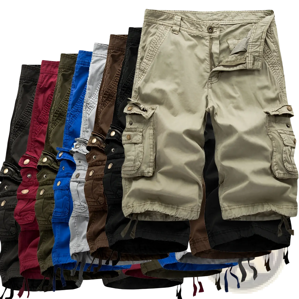 Beige men’s multi pocket cotton cargo shorts with button closures and drawstring cuffs for practical wear