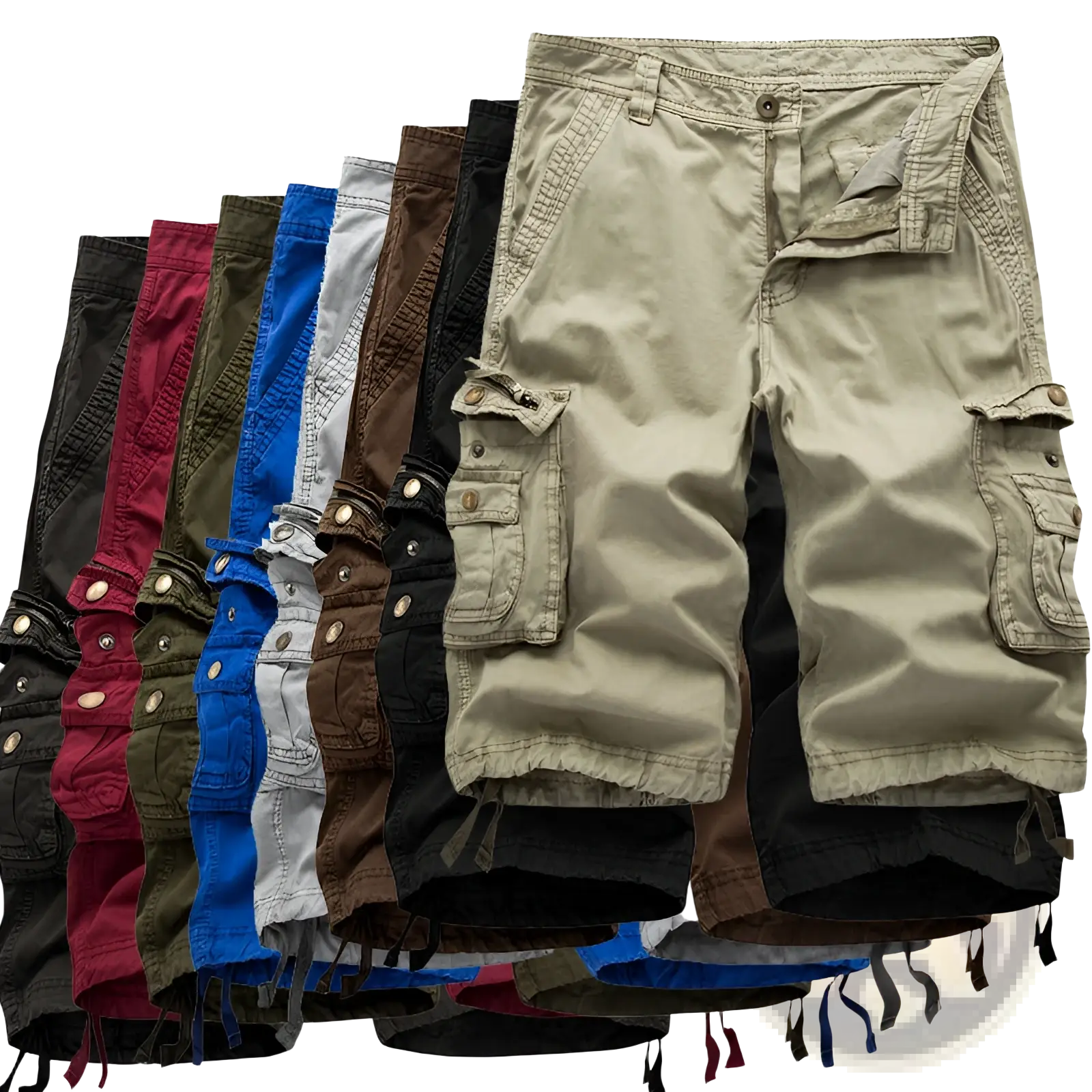 Beige men’s multi pocket cotton cargo shorts with button closures and drawstring cuffs for practical wear
