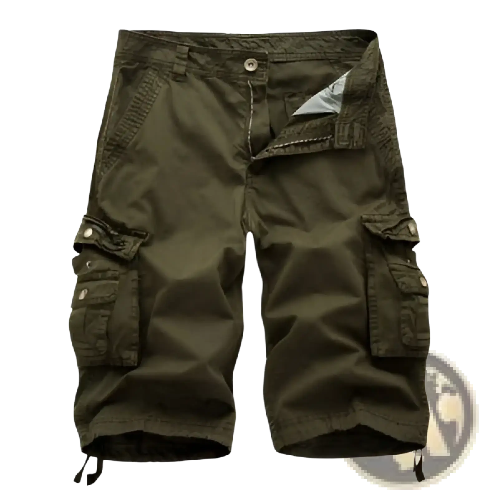 Men’s dark olive cotton cargo shorts with multiple pockets and button closures featuring drawstring cuffs